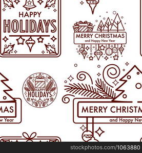 Merry Christmas winter holiday monochrome logo seamless pattern vector. Happy new year, branch of pine, decorated evergreen fir, present and gifts boxes. Bell and ribbon decoration, traditional symbol. Merry Christmas winter holiday monochrome logo seamless pattern vector.