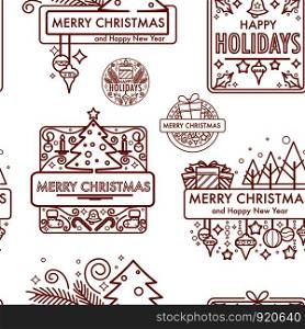 Merry Christmas winter holiday monochrome logo seamless pattern vector. Happy new year, branch of pine, decorated evergreen fir, present and gifts boxes. Bell and ribbon decoration, traditional symbol. Merry Christmas winter holiday monochrome logo seamless pattern vector.