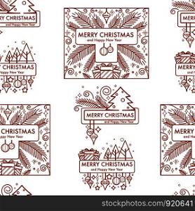 Merry Christmas winter holiday monochrome logo seamless pattern vector. Happy new year, branch of pine, decorated evergreen fir, present and gifts boxes. Bell and ribbon decoration, traditional symbol. Merry Christmas winter holiday monochrome logo seamless pattern vector.