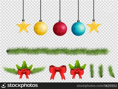 Merry christmas winter holiday realistic symbols set.lamp with pine leaves star gold toy transparent background