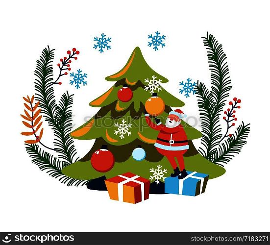 Merry Christmas winter holiday, Santa Claus character with tree vector. Pine evergreen fir decorated with ball toys. Spruce branches and leaves, Grandpa Frost having presents and gifts to children. Merry Christmas winter holiday, Santa Claus character with tree