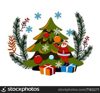 Merry Christmas winter holiday, Santa Claus character with tree vector. Pine evergreen fir decorated with ball toys. Spruce branches and leaves, Grandpa Frost having presents and gifts to children. Merry Christmas winter holiday, Santa Claus character with tree