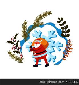 Merry Christmas winter holiday, Santa Claus with bag filled with presents vector. Big snowflake grandpa frost wearing costume carrying gifts to children. Mistletoe traditional plant and foliage leaves. Merry Christmas winter holiday, Santa Claus with bag
