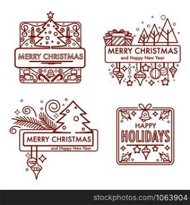 Merry Christmas Winter holiday signs, monochrome sketches with gifts and symbols vector. bells and toys, homemade cookies, xmas pastry and presents. Pine tree decorated with glowing garlands. Merry Christmas monochrome sketches with gifts and symbols vector.