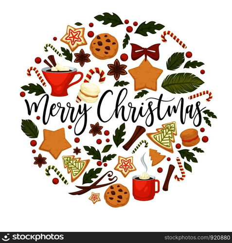 Merry Christmas winter holiday symbolic images in circle vector. Chocolate cookies, sweet candy lollipop, beverage hot drink in cup. Mistletoe plant leaf with berries cinnamon spices and biscuits. Merry Christmas winter holiday symbolic images in circle