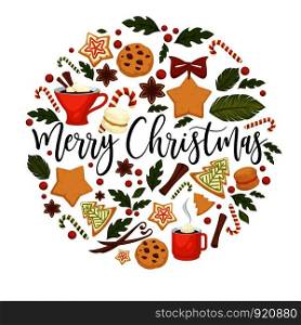 Merry Christmas winter holiday symbolic images in circle vector. Chocolate cookies, sweet candy lollipop, beverage hot drink in cup. Mistletoe plant leaf with berries cinnamon spices and biscuits. Merry Christmas winter holiday symbolic images in circle