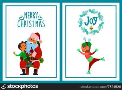 Merry Christmas winter holidays and joy wishes, Santa Claus and kid on knees vector. Boy child making wish to Saint Nicholas. Child skating on ice rink. Merry Christmas Winter Holidays, Joy Wishes, Santa