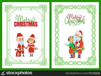 Merry Christmas winter holidays, characters and kid in ornamental frames vector. Santa Claus and Snow Maiden holding candy lollipop. Boy making wish. Merry Christmas Winter Holidays, Characters Frames