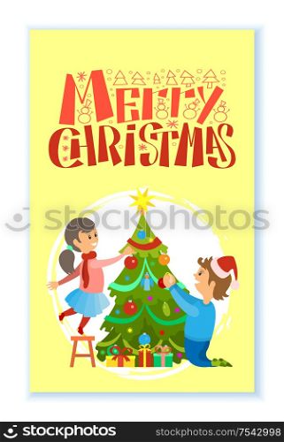 Merry Christmas winter holidays greeting card vector. Boy in Santa hat and girl decorating pine tree with garlands star and bauble, gifts under spruce. Merry Xmas Winter Holidays Greeting Card Vector
