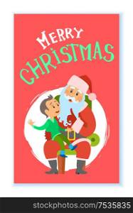 Merry Christmas, winter holidays, Santa Claus and kid sitting on his laps vector in round brush frame. Boy child making wish to Saint Nicholas elderly person. Christmas Winter Holidays, Santa Claus and Kid