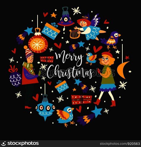 Merry Christmas winter holidays, symbols and icons sings vector. Angel holding harp, baubles and toys tree decoration, bells and stars, birds and presents in decorated boxes. Snowing and hearts. Merry Christmas winter holidays, symbols and icons sings vector.