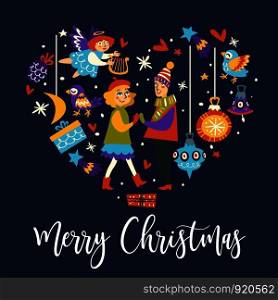 Merry Christmas winter holidays xmas celebration of couple vector. People hugging, man and woman in love, cupid angelic creature, presents and toys. Snowflakes and birds flying, moon and cone. Merry Christmas winter holidays xmas celebration of couple vector.