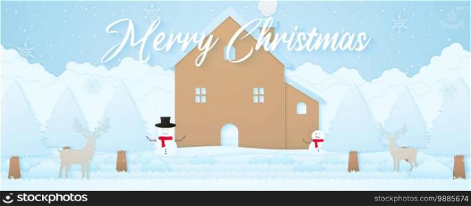 Merry Christmas, winter landscape, reindeer, house, snowman and trees on snow with snow falling and snowflakes, lettering, paper art style