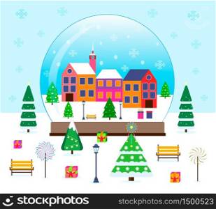 Merry Christmas, winter scene in a snow globe with tiny firs, gifts, houses. Wonderland snowing city park. hildhood atmosphere for greeting cards, web, banner, flyer. Festive mood concept vector.. Merry Christmas, winter scene in a snow globe with tiny firs, gifts, houses. Wonderland snowing city park