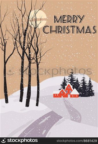 Merry Christmas. Winter village rural winter snow landscape, retro. Vector illustration greeting card. Merry Christmas. Winter village rural winter snow landscape, retro