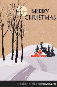 Merry Christmas. Winter village rural winter snow landscape, retro. Vector illustration greeting card. Merry Christmas. Winter village rural winter snow landscape, retro