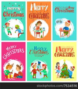 Merry Christmas wintertime activities, children playing snowballs, making handmade gifts, writing letter to Santa, making snowman and decorating tree, open boxes, vector. Merry Christmas Wintertime Activities Kids Playing