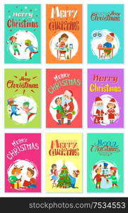 Merry Christmas wintertime activities, children playing snowballs, making handmade gifts, writing letter to Santa, skating and telling wishes, open boxes, vector. Merry Christmas Wintertime Activities Kids Playing