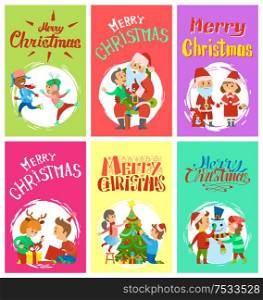 Merry Christmas wintertime activities, children writing letter to Santa, skating and telling wishes, open boxes, playing snowballs, making handmade gifts, vector. Merry Christmas Wintertime Activities Kids Playing