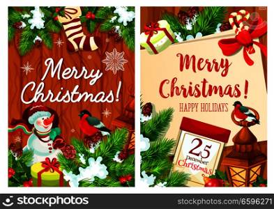 Merry Christmas wish greeting card for winter holidays celebration. Vector Santa gift presents, 25 December calendar and bullfinch with snowman, Christmas tree stocking decoration and New Year snow. Christmas winter holiday vector greeting card