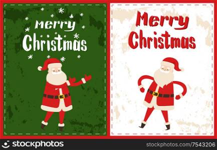 Merry Christmas wishes lettering, winter with Santa Claus in red costume dancing and sending greetings. New Year cartoon character white and green, vector flat style. Merry Christmas Wish, Lettering Winter Santa Claus