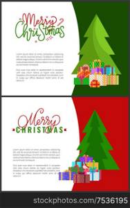 Merry Christmas wishes on holiday invitation templates, lettering greetings. Piles of wrapped gift boxes, presents in packages in decorative paper, evergreen fir. Merry Christmas Wishes on Holiday Invitation Templates