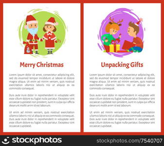 Merry Christmas wishes, Santa Claus and Snow Maiden, children unpacking gifts vector with text sample. Christmas holidays, packages boxes with presents. Merry Christmas Wishes Santa Claus and Snow Maiden