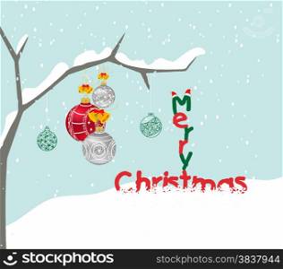 merry christmas with balls on tree background