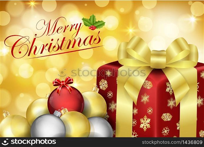 Merry Christmas with decorative xmas bubbles balls and gift ribbon. vector