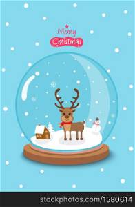 Merry Christmas with globe ball decorated with reindeer and snow on blue background.