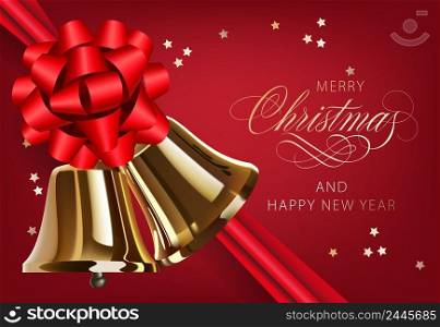 Merry Christmas with golden bells and ribbon postcard design. Inscription with golden bells, red bowknot and confetti on red background. Can be used for greetings, postcards, banners. Merry Christmas with golden bells and ribbon postcard design