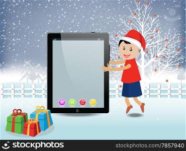 Merry christmas with happy kids and tablet