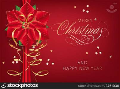 Merry Christmas with poinsettia flower postcard design. Inscription with poinsettia flower, golden and red bands on red background with confetti. Can be used for postcards, greetings, banners. Merry Christmas with poinsettia flower postcard design