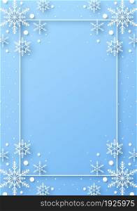 Merry Christmas with rectangle frame and snowflakes in the corner in paper cut