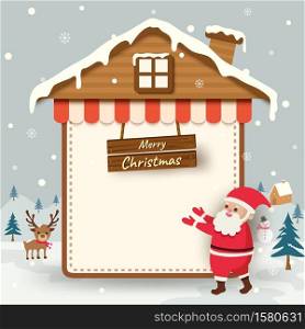Merry Christmas with santa claus and house frame on snow background.