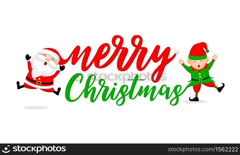 Merry Christmas with Santa Claus and little elf. Cartoon character design. Illustration isolated on white background.