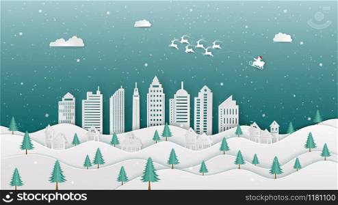 Merry Christmas with Santa Claus coming to city on winter night,for decorative,celebrate party,invitation or greeting card,vector illustration
