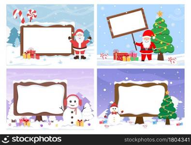 Merry Christmas With Santa Claus or Snowman Cartoon Character And Some Gift Next To The Signboard. For Greeting Card Background Vector Illustration