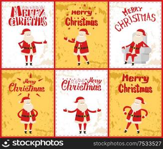 Merry Christmas with Santa Claus posing in six images. Standing cheerful man in red clothes and white beard. Greeting colorful paper card in frame vector. Merry Christmas with Santa Posing in Images Vector