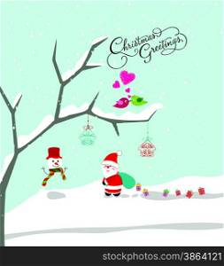 Merry christmas with santa claus, snowman and gift background