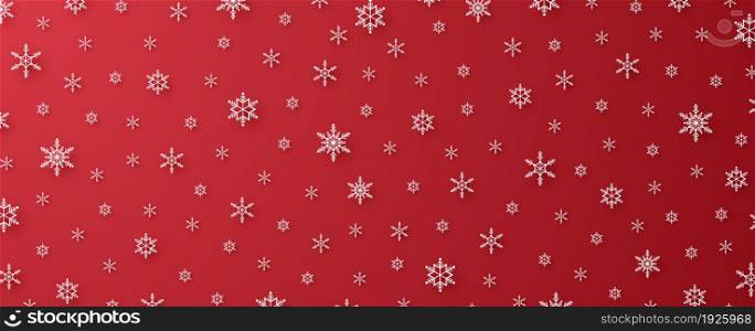 Merry Christmas with snowflakes and snowfall background in paper art style