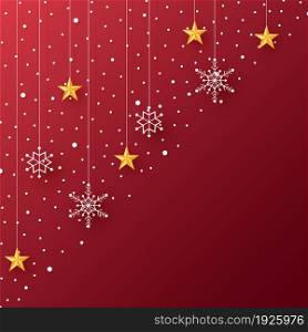 Merry Christmas with snowflakes and star hanging in paper cut