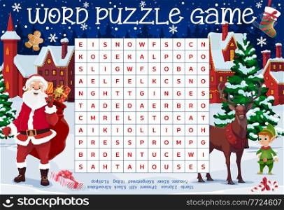 Merry christmas word puzzle worksheet with Santa and reindeer, elf and gingerbread man, little town buildings. Kids quiz or riddle game, educational game, crossword with Christmas cartoon characters. Merry christmas word puzzle worksheet with Santa