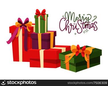Merry Christmas, wrapped Xmas presents icons isolated. Vector package boxes, stripes decorations, surprise on New Year holidays, topped by bow packs. Merry Christmas Wrapped Xmas Presents Boxes Icons