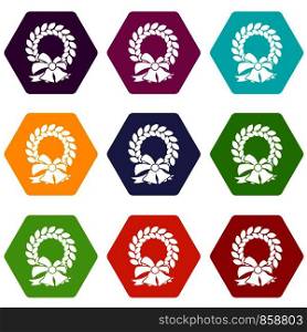 Merry Christmas wreath icon set many color hexahedron isolated on white vector illustration. Merry Christmas wreath icon set color hexahedron