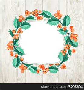 Merry christmas wreath over wooden wall isolated on white background. Vector illustration.