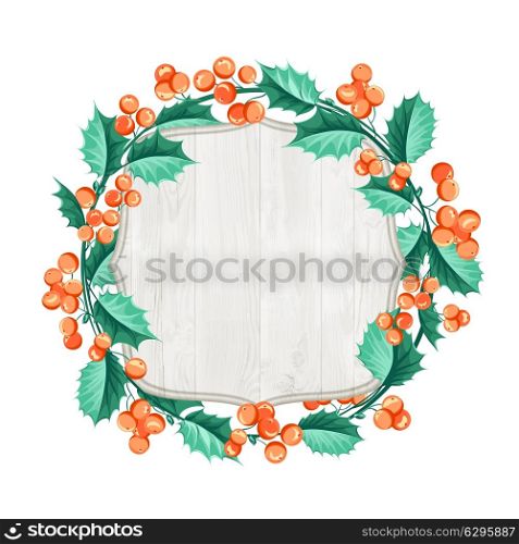 Merry christmas wreath over wooden wall isolated on white background. Vector illustration.