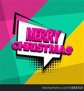 Merry Christmas xmas comic text sound effects pop art style. Vector speech bubble word and short phrase cartoon expression illustration. Comics book colored background template.