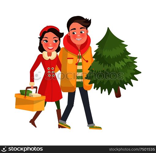 Merry couple return, from shopping, Christmas tree and packages. Happy Young family getting ready to Xmas eve. Man and woman with spruce isolated vector. Merry Couple Returns from Shopping, Christmas Tree