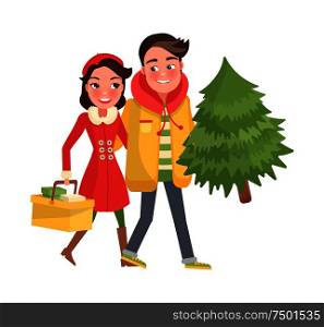 Merry couple return, from shopping, Christmas tree and packages. Happy Young family getting ready to Xmas eve. Man and woman with spruce isolated vector. Merry Couple Returns from Shopping, Christmas Tree